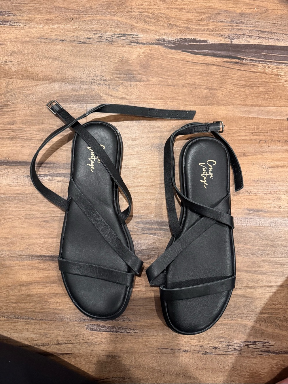 Crown Vintage Black Leather Strappy Flat Sandals